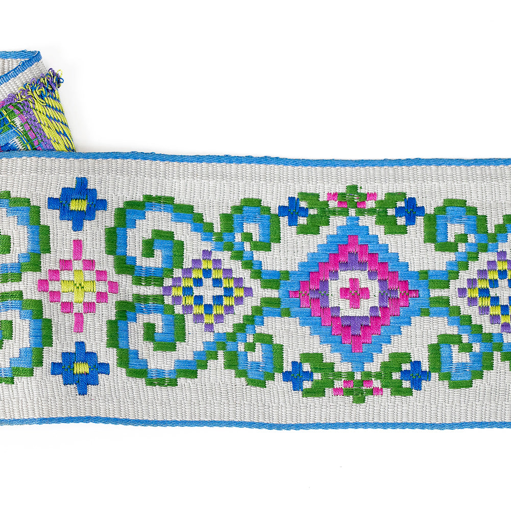 Multicolored and Opal Gray Floral Geometric Embroidered Ribbon - 3.25" Detail