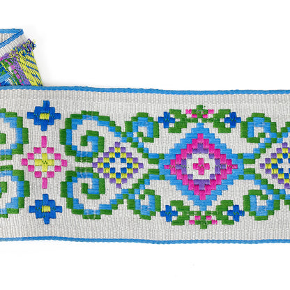 Multicolored and Opal Gray Floral Geometric Embroidered Ribbon - 3.25" Detail