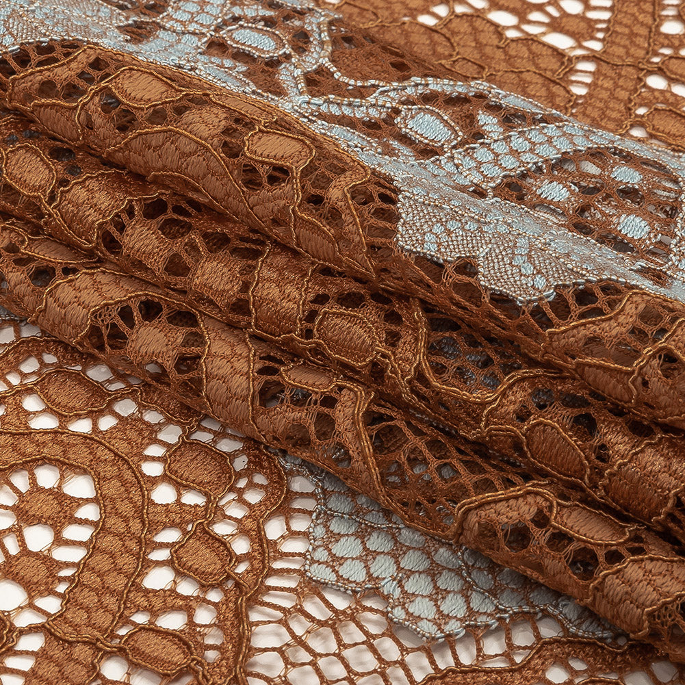 Corded Lace - Aqua and Dark Peach Two-Tone Scalloped Stripes Folded