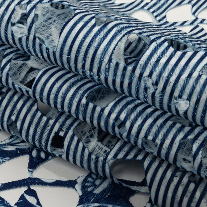 Printed Guipure Lace with Finished Edges - Dutch Blue and Brilliant White Stripes and Floral Border Folded