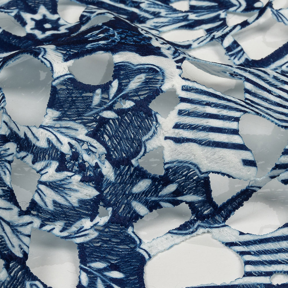Printed Guipure Lace with Finished Edges - Dutch Blue and Brilliant White Stripes and Floral Border Detail