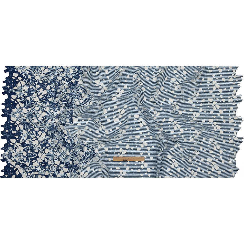 Printed Guipure Lace with Finished Edges - Dutch Blue and Brilliant White Stripes and Floral Border Full