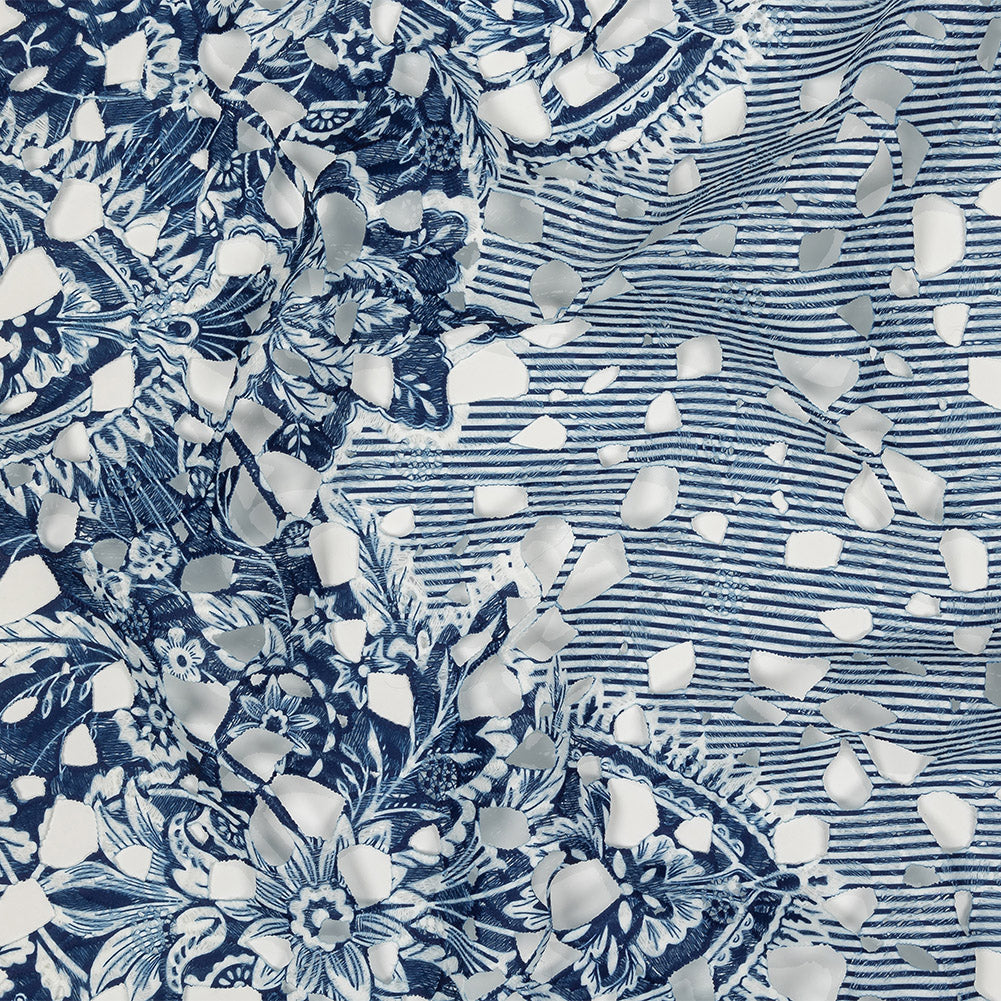 Printed Guipure Lace with Finished Edges - Dutch Blue and Brilliant White Stripes and Floral Border