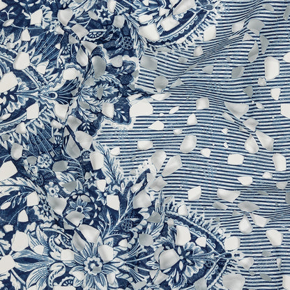 Printed Guipure Lace with Finished Edges - Dutch Blue and Brilliant White Stripes and Floral Border
