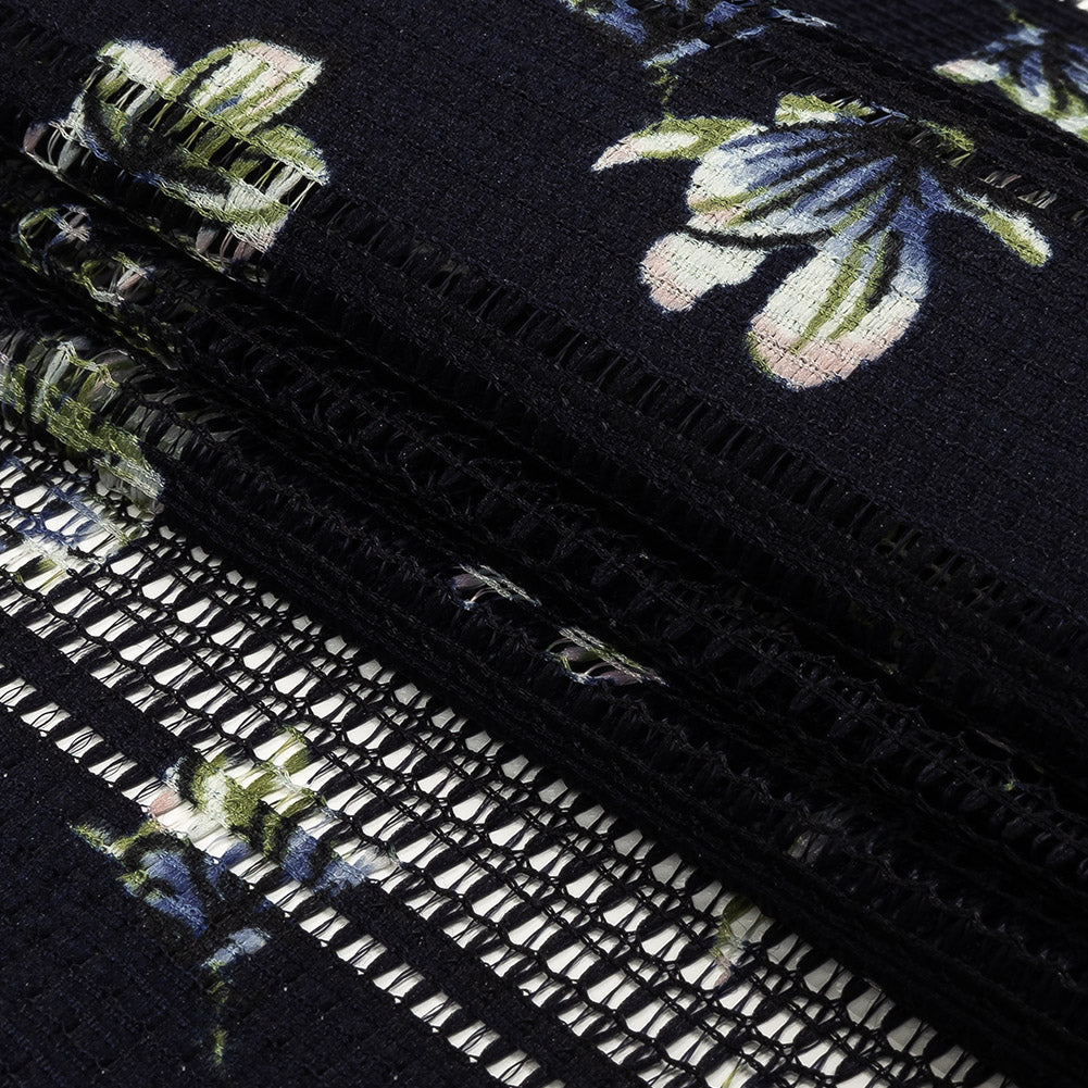 Digitally Printed Lace - Navy and Green Floral on Black Grid Stripes Folded