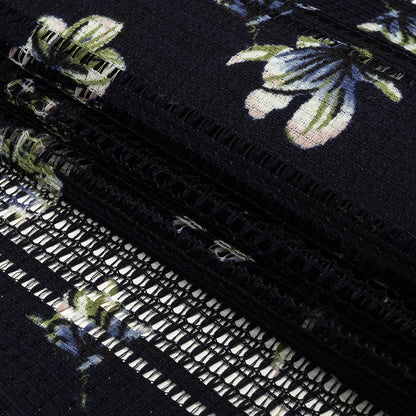 Digitally Printed Lace - Navy and Green Floral on Black Grid Stripes Folded