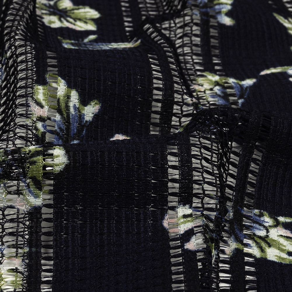 Digitally Printed Lace - Navy and Green Floral on Black Grid Stripes Detail