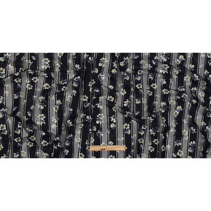 Digitally Printed Lace - Navy and Green Floral on Black Grid Stripes Full