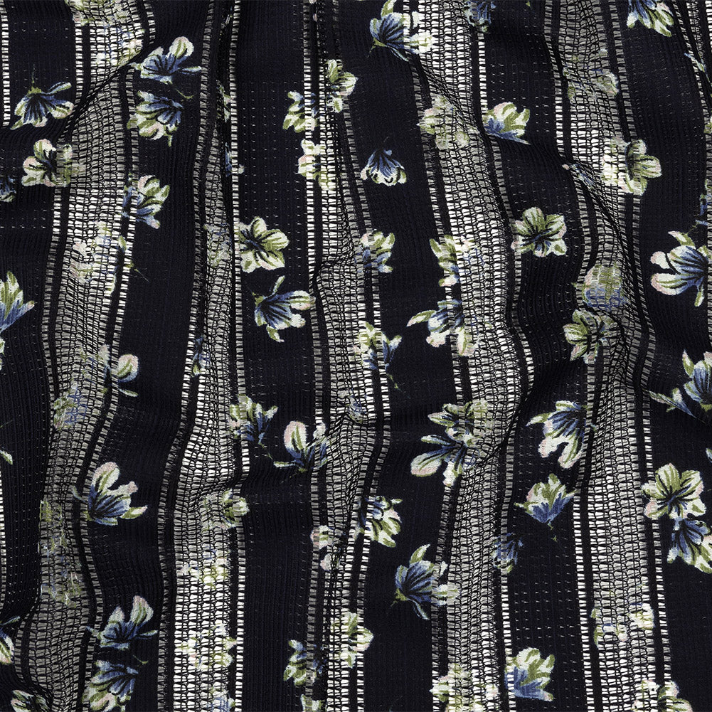 Digitally Printed Lace - Navy and Green Floral on Black Grid Stripes