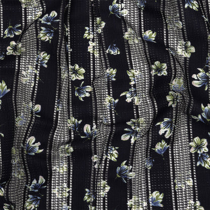 Digitally Printed Lace - Navy and Green Floral on Black Grid Stripes
