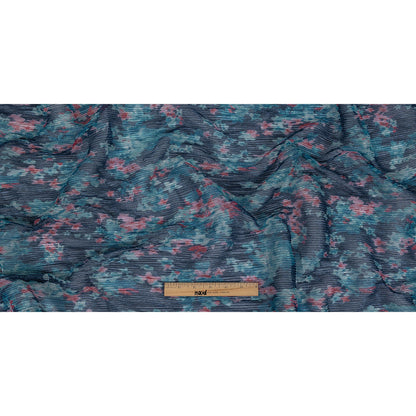 Metallic Blue and Coral Floral Printed Plisse Folded