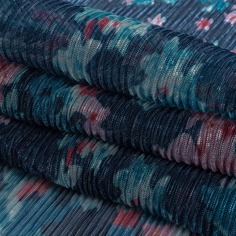 Metallic Blue and Coral Floral Printed Plisse Detail