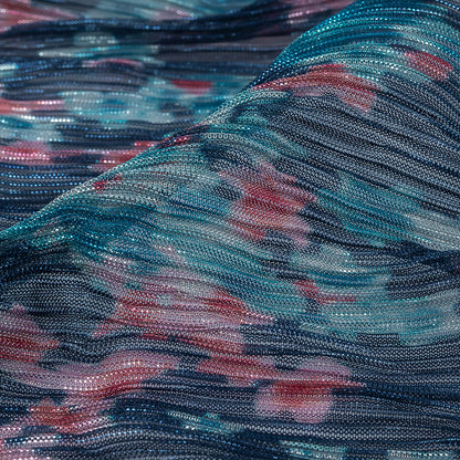 Metallic Blue and Coral Floral Printed Plisse Full