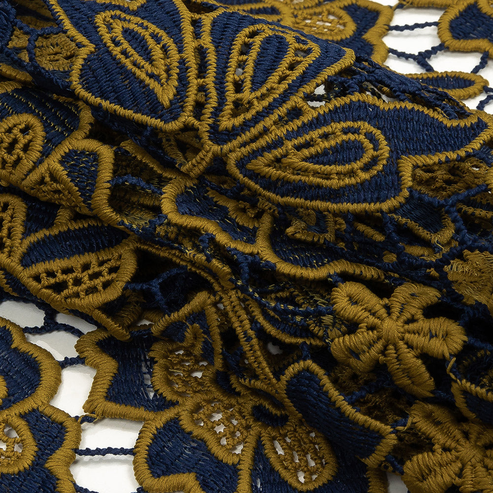 Guipure Lace with Finished Edges - Mustard and Royal Blue Two-Tone Floral Folded