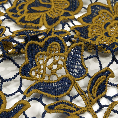 Guipure Lace with Finished Edges - Mustard and Royal Blue Two-Tone Floral Detail