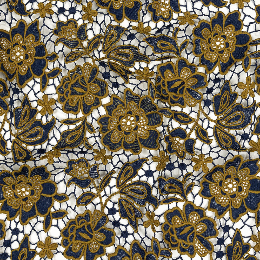 Guipure Lace with Finished Edges - Mustard and Royal Blue Two-Tone Floral