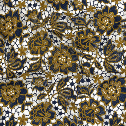 Guipure Lace with Finished Edges - Mustard and Royal Blue Two-Tone Floral