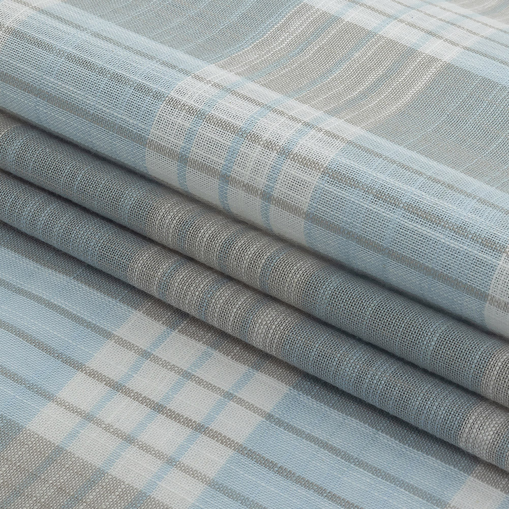 Baby Blue and Beige Plaid Slubbed Gauzy Organic Cotton Woven Folded