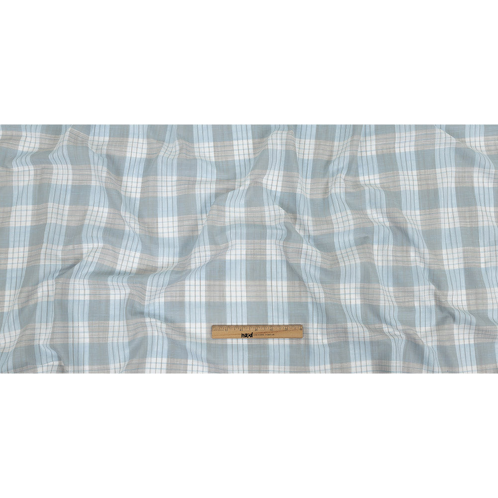 Baby Blue and Beige Plaid Slubbed Gauzy Organic Cotton Woven Full
