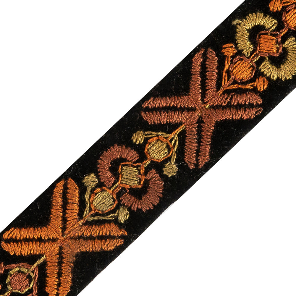 Ochre and Orange Embroidered Black Velvet Ribbon - 1.125" Detail