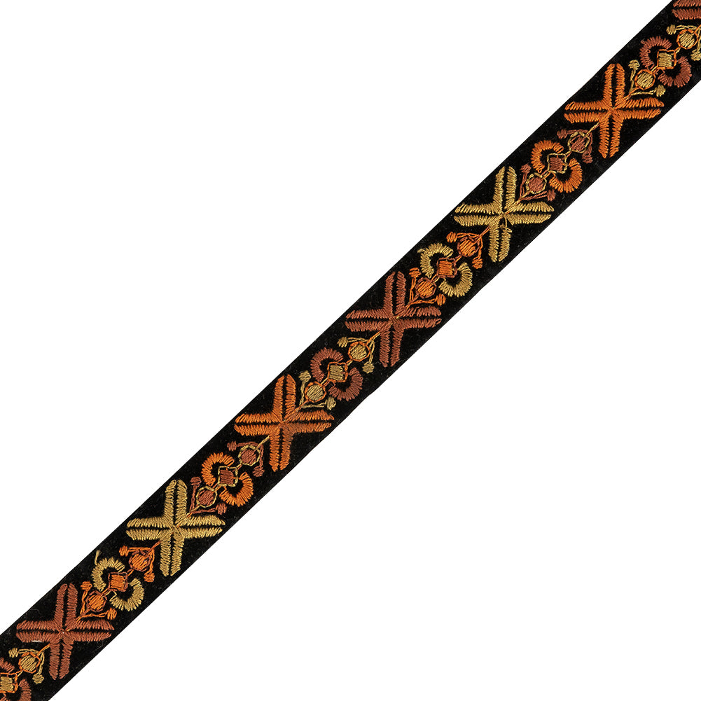 Ochre and Orange Embroidered Black Velvet Ribbon - 1.125"