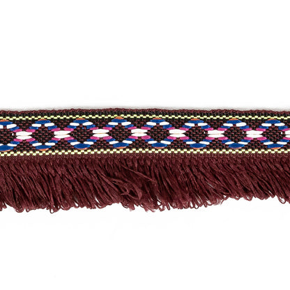Multicolored and Burgundy Tribal Brushed Fringe Trim - 1.125" Detail