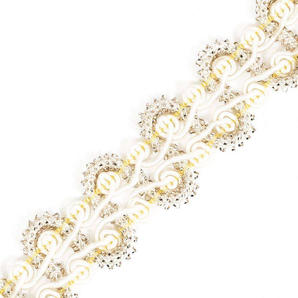 Lustrous Ivory, Champagne and Yellow Metallic Gimp Braided Trim Detail