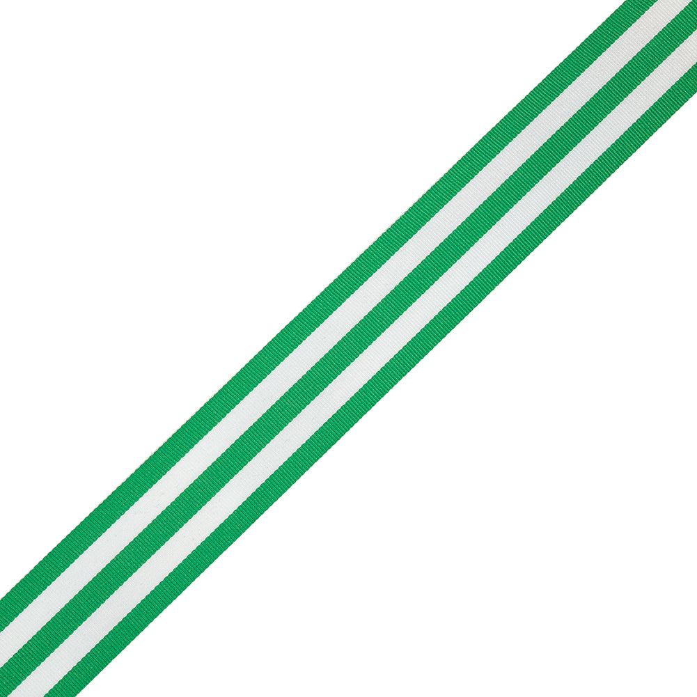 Fern Green and White Awning Stripes Ribbed Woven Ribbon - 1.5"