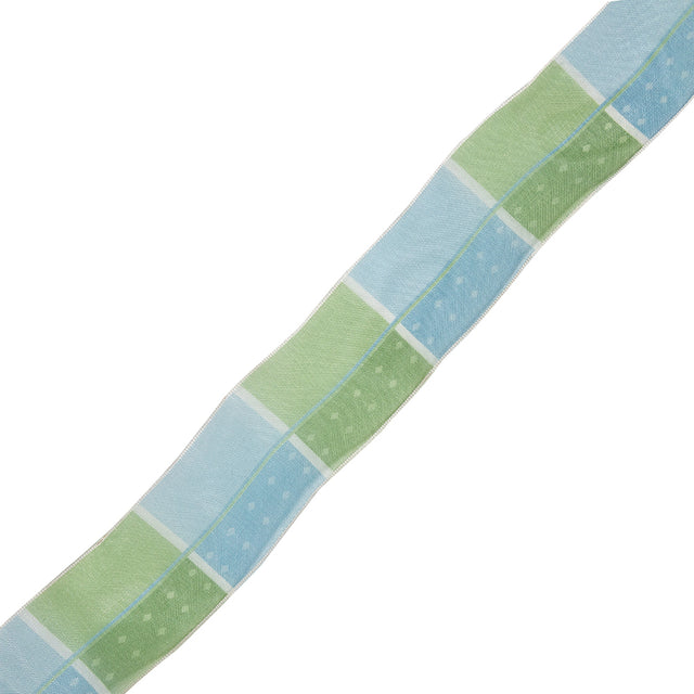 Grass Green, White and Sky Blue Polka Dots and Plaid Wired Organza Ribbon - 1.625"