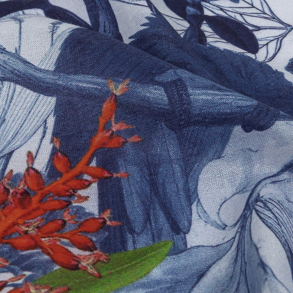 Mercerized Organic Egyptian Cotton Voile - Patriot Blue and Cool Gray Tropical Birds - Toulouse Collection