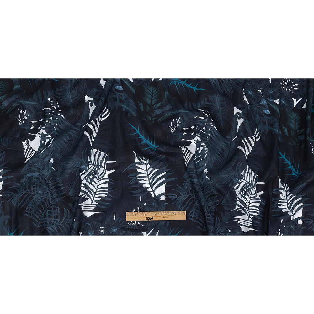 Mercerized Organic Egyptian Cotton Voile - Lyons Blue Tropical Leaves - Toulouse Collection
