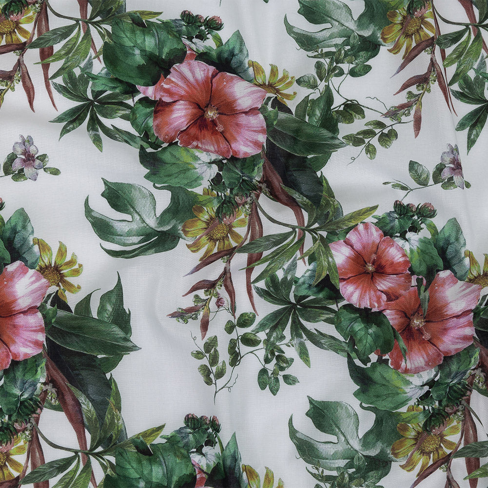 Mercerized Organic Egyptian Cotton Voile - Coral Florals and Foliage - Toulouse Collection