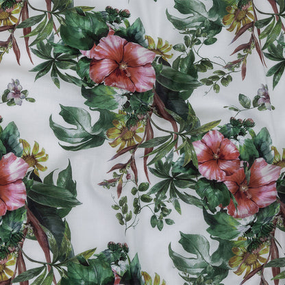 Mercerized Organic Egyptian Cotton Voile - Coral Florals and Foliage - Toulouse Collection