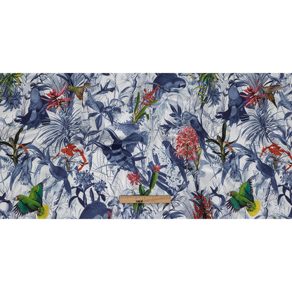 Mercerized Organic Egyptian Cotton Shirting - Blue and White Tropical Birds - Ravello Collection