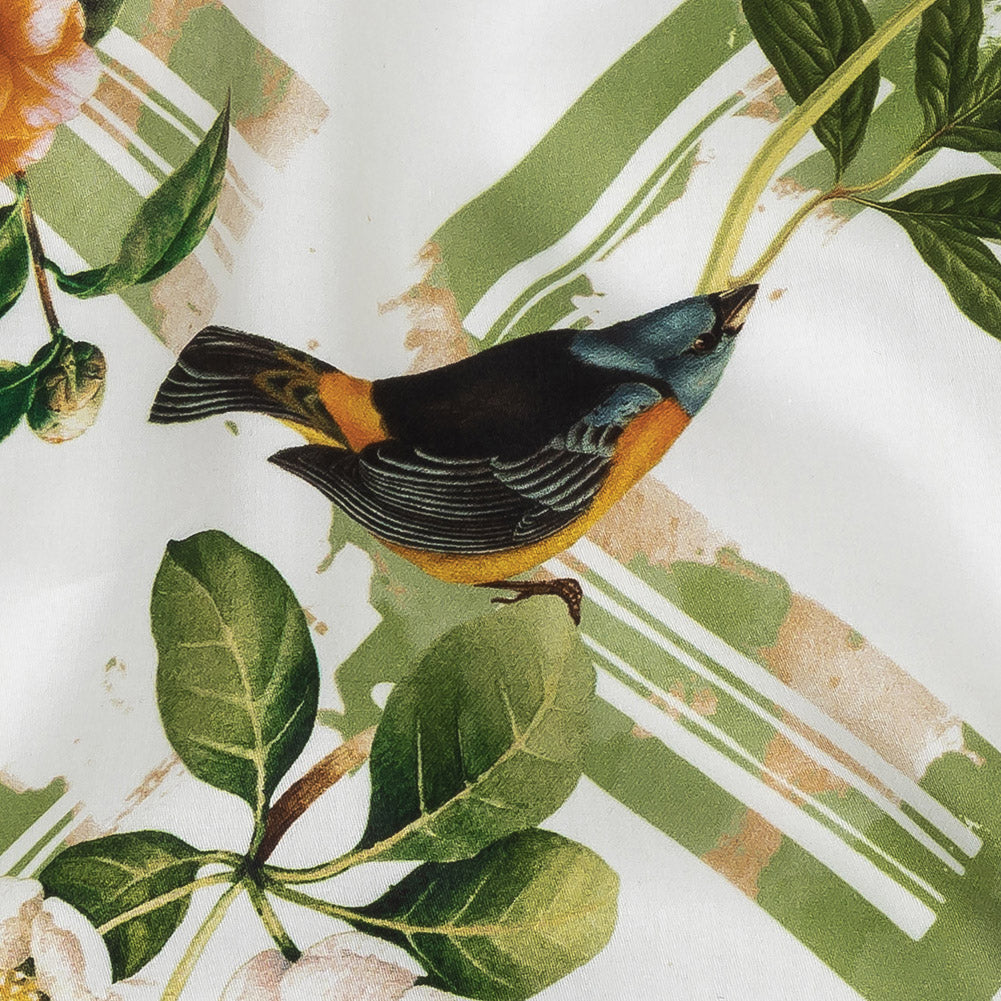 Mercerized Organic Egyptian Cotton Shirting - Leaf Green and Orange Crosshatch Brids and Florals - Ravello Collection