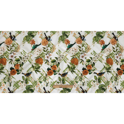 Mercerized Organic Egyptian Cotton Shirting - Leaf Green and Orange Crosshatch Brids and Florals - Ravello Collection