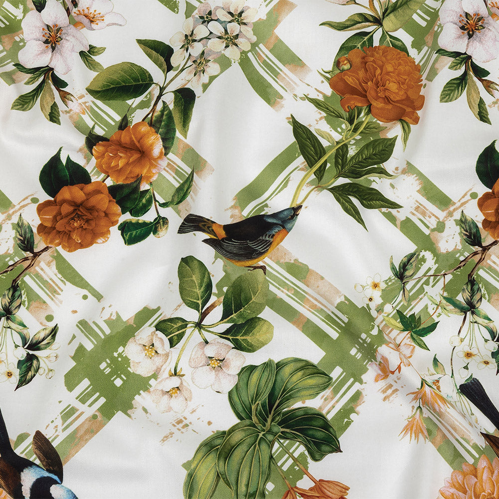 Mercerized Organic Egyptian Cotton Shirting - Leaf Green and Orange Crosshatch Brids and Florals - Ravello Collection