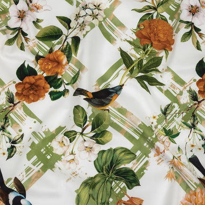 Mercerized Organic Egyptian Cotton Shirting - Leaf Green and Orange Crosshatch Brids and Florals - Ravello Collection