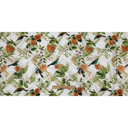 Organic Viscose Batiste - Green and Apricot Crosshatch Avifauna - Loreto Collection