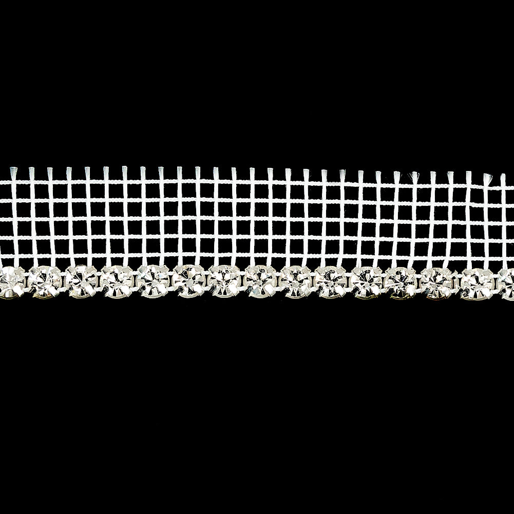 Vintage Crystal and Silver 1 Row Circular Rhinestones on White Mesh Trimming - 0.75" Detail