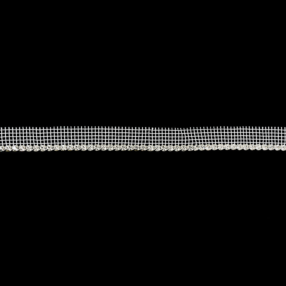 Vintage Crystal and Silver 1 Row Circular Rhinestones on White Mesh Trimming - 0.75"