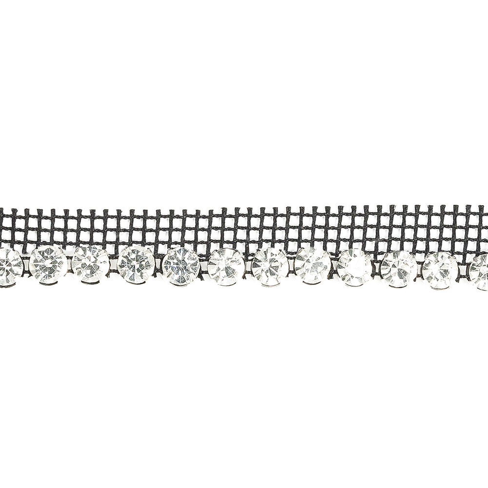 Vintage Crystal and Silver 1 Row Circular Rhinestones on Black Mesh Trimming - 0.75" Detail