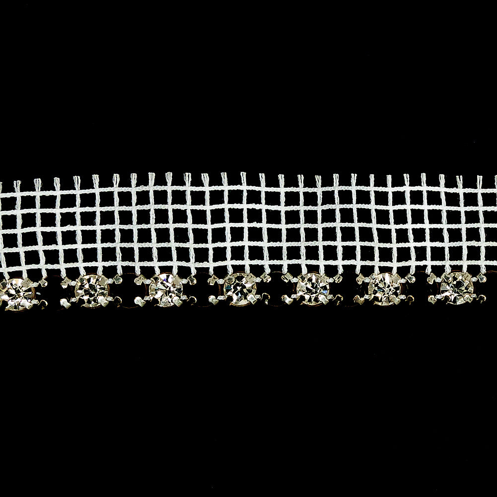 Vintage Crystal, Black and Silver 1 Row Circular Rhinestones on White Mesh Trimming - 0.75" Detail