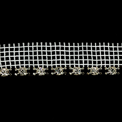 Vintage Crystal, Black and Silver 1 Row Circular Rhinestones on White Mesh Trimming - 0.75" Detail