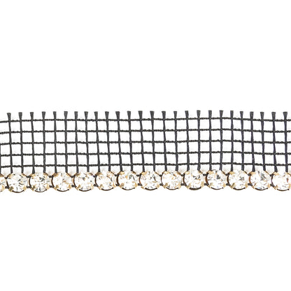 Vintage Crystal and Gold 1 Row Circular Rhinestones on Black Mesh Trimming - 0.75" Detail