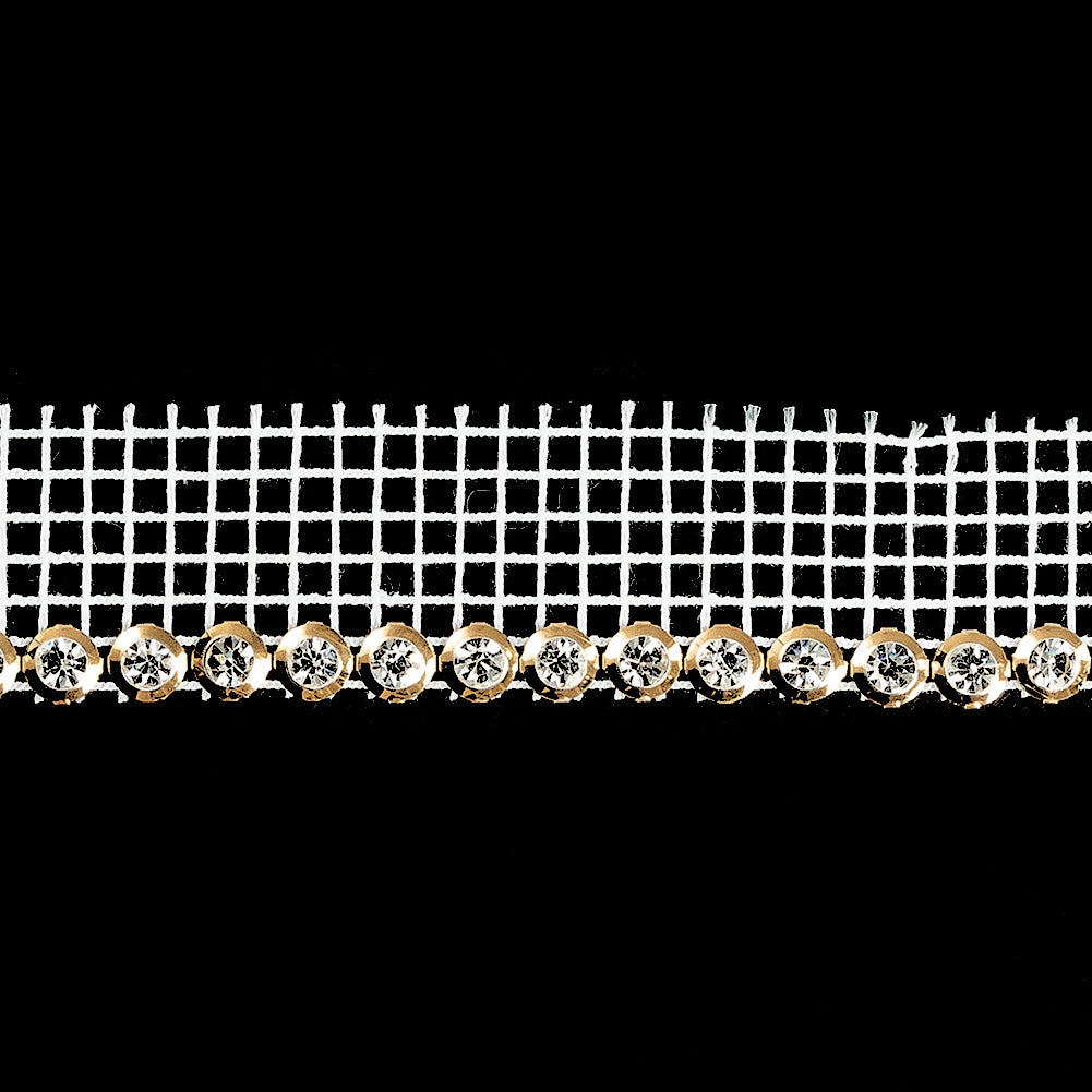 Vintage Crystal and Gold 1 Row Circular Rhinestones on White Mesh Trimming - 0.75" Detail