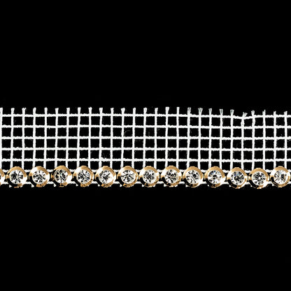 Vintage Crystal and Gold 1 Row Circular Rhinestones on White Mesh Trimming - 0.75" Detail
