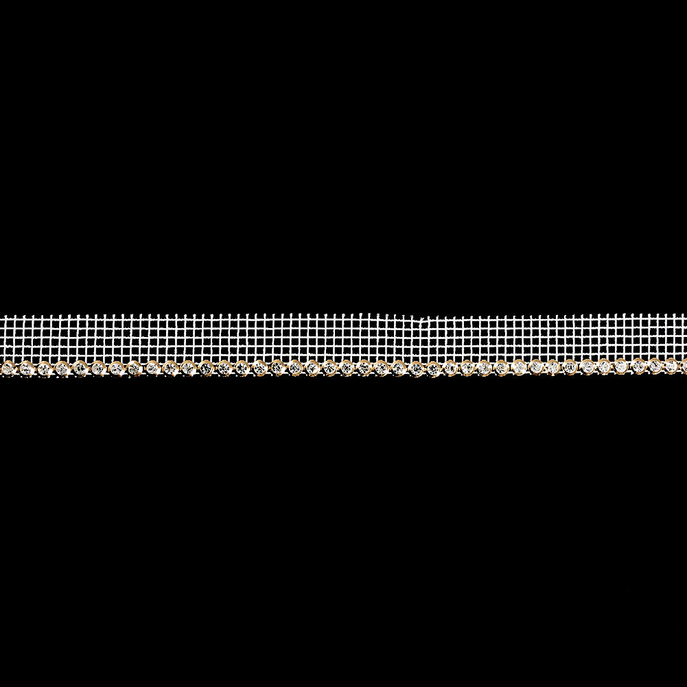 Vintage Crystal and Gold 1 Row Circular Rhinestones on White Mesh Trimming - 0.75"