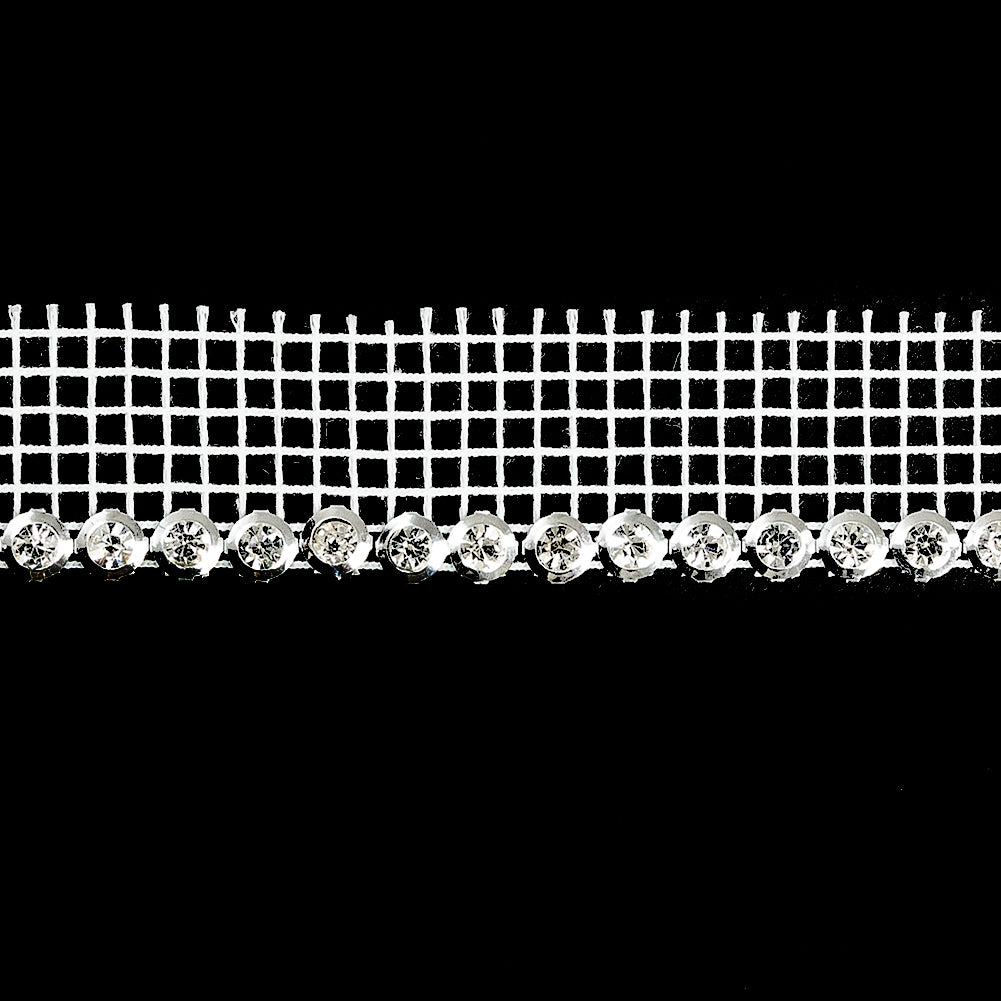 Vintage Crystal and Silver 1 Row Circular Rhinestones on White Mesh Trimming - 0.75" Detail