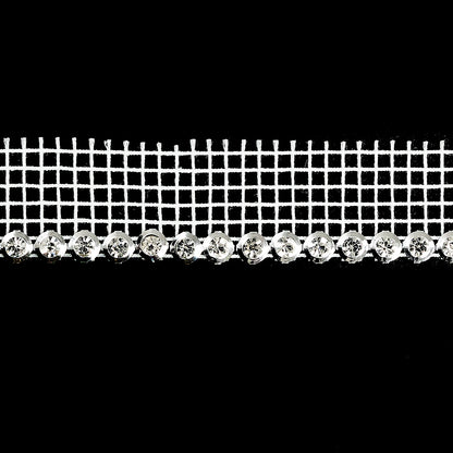 Vintage Crystal and Silver 1 Row Circular Rhinestones on White Mesh Trimming - 0.75" Detail